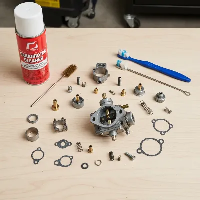 Close-up of disassembled lawn mower carburetor parts laid out for cleaning, with small brushes and cleaner spray.