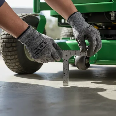 A person using a specialized deck leveling tool to measure the height of a riding lawn mower deck.