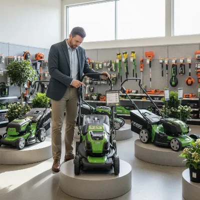 A person evaluating different battery-powered lawn mowers in a garden center, considering factors like lawn size, features, and battery type.