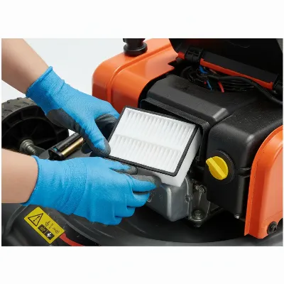 A person carefully installing a clean air filter into a gas lawn mower engine compartment, ensuring a snug fit.