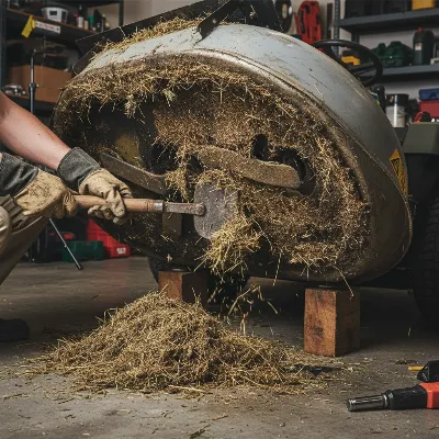 A person using a scraper to remove accumulated grass clippings from the underside of a riding lawn mower deck.