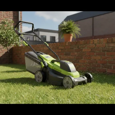 A modern battery-powered electric lawn mower cutting grass in a small, manicured city yard.
