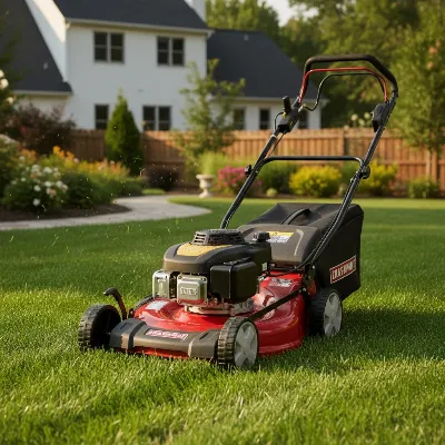 Craftsman M105 gas push lawn mower cutting grass in a suburban backyard, showcasing its 21-inch deck and maneuverability.