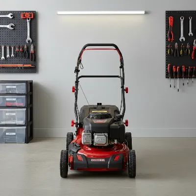 A Craftsman M105 gas push lawn mower with its handles folded, stored neatly in a garage, emphasizing its compact storage and robust build.