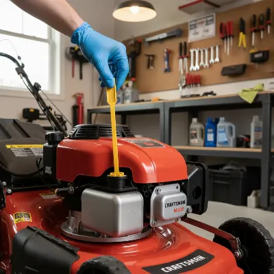 A close-up of a hand checking the oil level on a Craftsman M105 gas lawn mower engine, emphasizing regular maintenance.