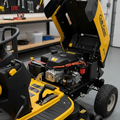 Detailed view of Cub Cadet XT1 Enduro engine and controls in a workshop