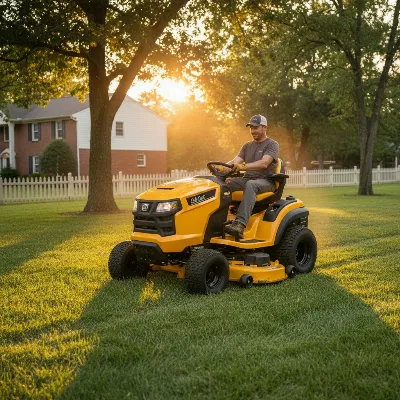 Cub Cadet XT1 Enduro riding lawn mower cutting grass in a suburban backyard