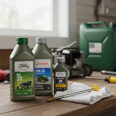 Various bottles of lawn mower oil types and an oil dipstick, illustrating selection