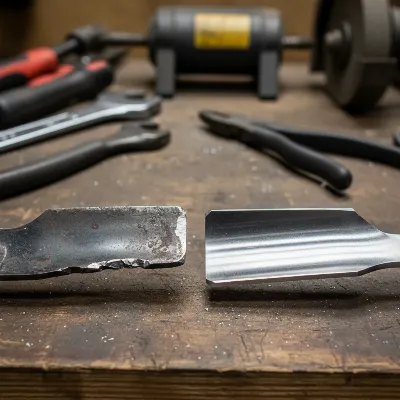 Close-up comparison of a dull, worn mower blade next to a freshly sharpened, clean blade.