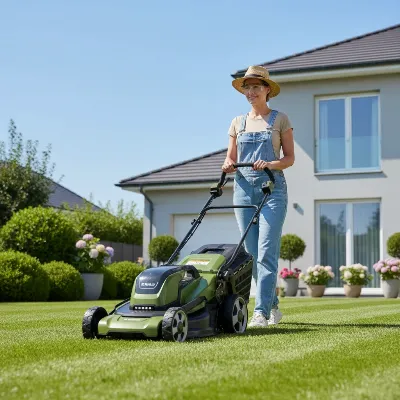 A person effortlessly mowing a lush green lawn with a quiet, modern battery-powered electric lawn mower.
