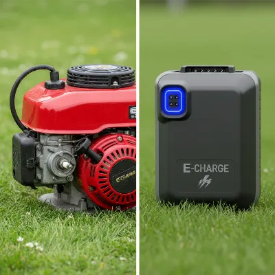 Close-up comparison of a gas lawn mower engine and an electric lawn mower battery.