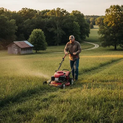 A person operating a powerful gas-powered lawn mower on a large, slightly overgrown lawn, demonstrating its capability.