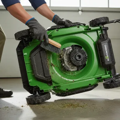 A person in work gloves cleaning the underside of a Greenworks Pro 80V cordless lawn mower deck with a brush