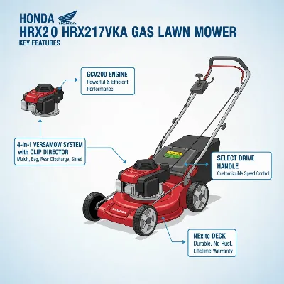 Key features of Honda HRX217VKA including Versamow system and adjustable handle