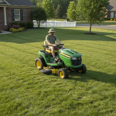 John Deere S100 riding lawn mower in action, cutting a green residential lawn under clear skies.