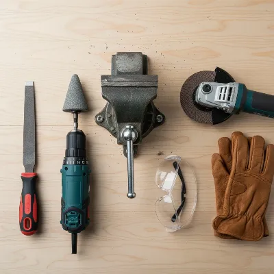 Assortment of tools for sharpening lawn mower blades, including files and drill attachments