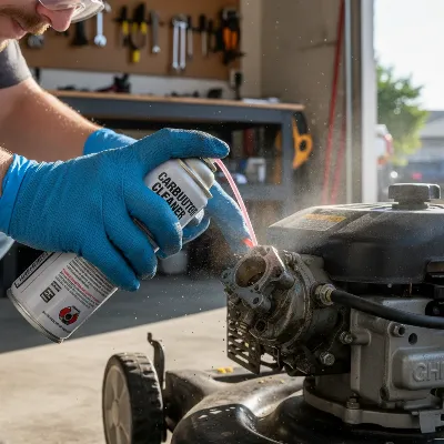 A person spraying carburetor cleaner into a lawn mower carburetor without removing it, with safety glasses and gloves on.