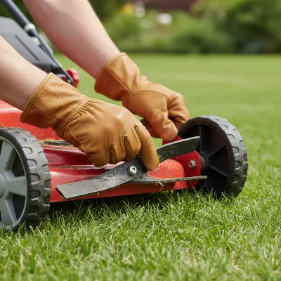 A close-up shot of hands wearing work gloves inspecting the blade of a push lawn mower, demonstrating routine maintenance on a neatly manicured lawn