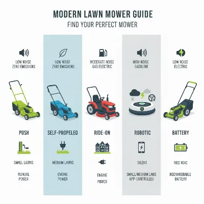 An illustrative infographic comparing different types of lawn mowers by features and usage.