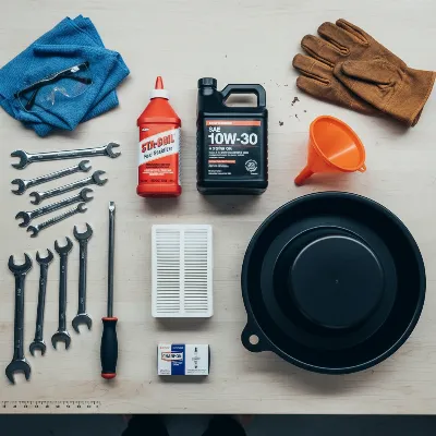 Essential tools and materials laid out for gas lawn mower winterization, including fuel stabilizer, oil, and wrenches.