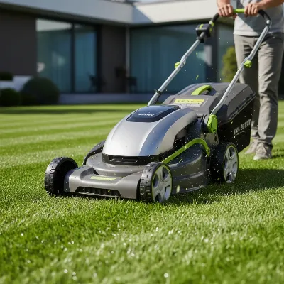 A modern cordless lawn mower on a lush green lawn, illustrating efficiency and contemporary design.