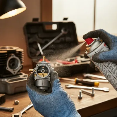 Hands cleaning a gas lawn mower carburetor with spray in a repair setting.