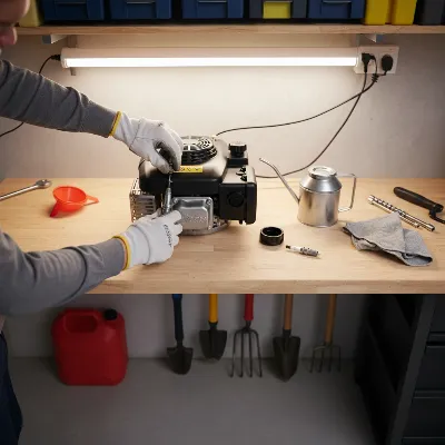 Hands performing preventative maintenance on a gas lawn mower with tools.