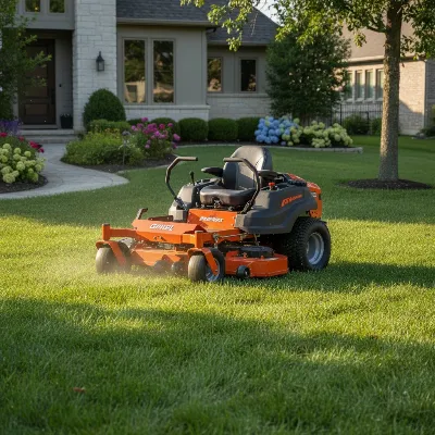 A mulching lawn mower actively cutting grass, with finely dispersed clippings visibly returning to the lawn, showcasing effective clump prevention.