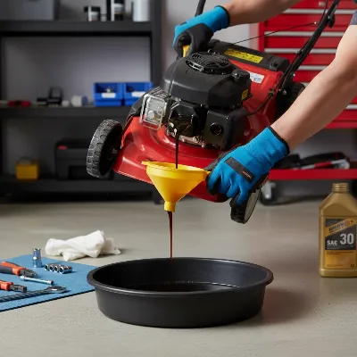 A person safely changing the oil in a lawn mower engine, emphasizing protective gear