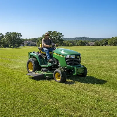 A powerful gas lawn tractor cutting a large, well-maintained green lawn under a clear sky.