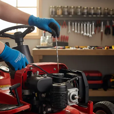 A person performing routine maintenance on a riding lawn mower in a garage setting, checking the oil.