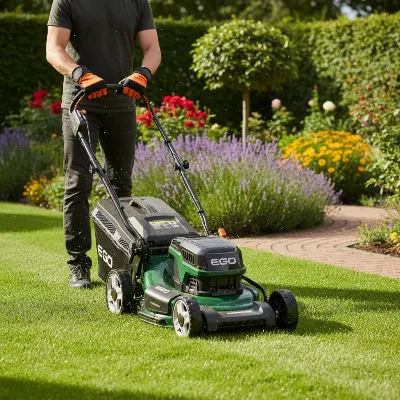 A person safely operating an EGO Power Plus cordless lawn mower with appropriate safety gear