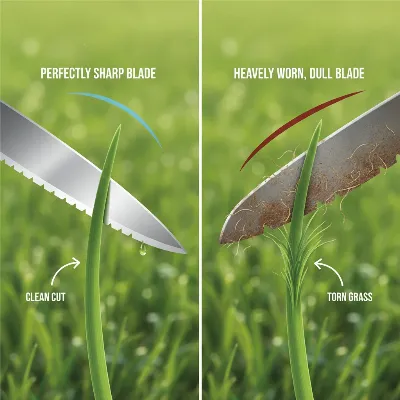 Illustration comparing a sharp lawn mower blade to a dull, jagged blade, highlighting the difference in cutting quality for preventing grass clumps.