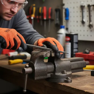 Person sharpening a lawn mower blade with a file, showing proper technique and safety gear