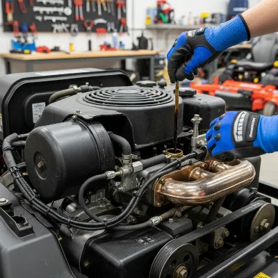 Hands performing routine maintenance on a commercial zero-turn mower's engine compartment, checking fluid levels.